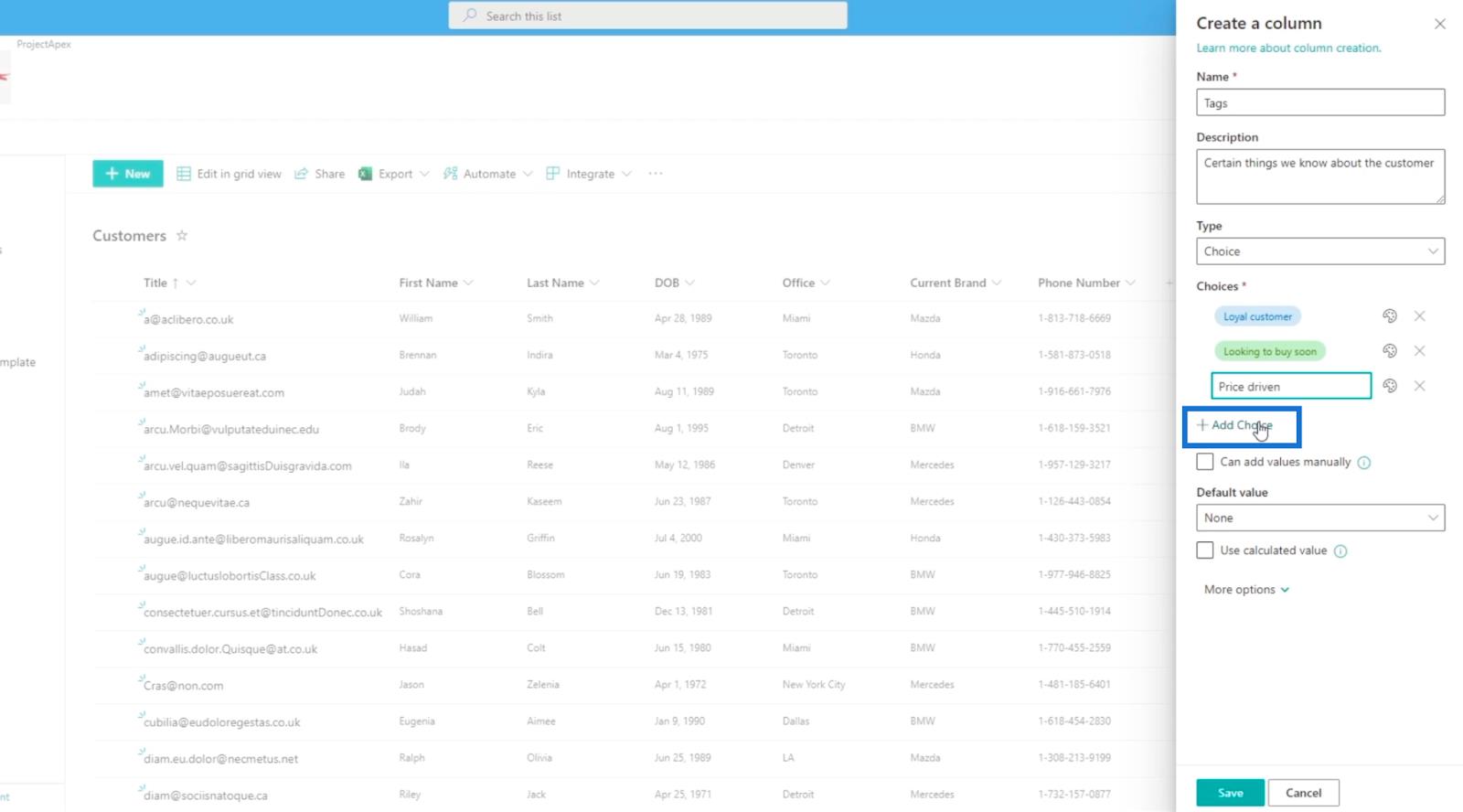 Legger til SharePoint-valgfelt i en liste