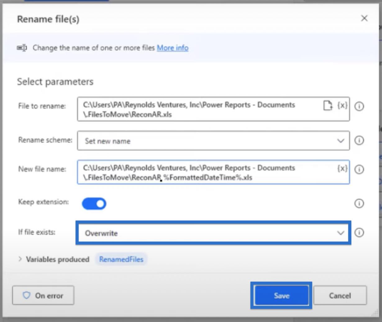 Lägg till datum till filnamn i Power Automate Desktop