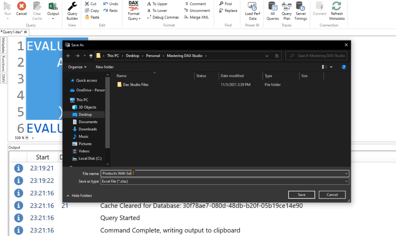 Kyselytuloksen purkaminen DAX Studiossa Output Option avulla