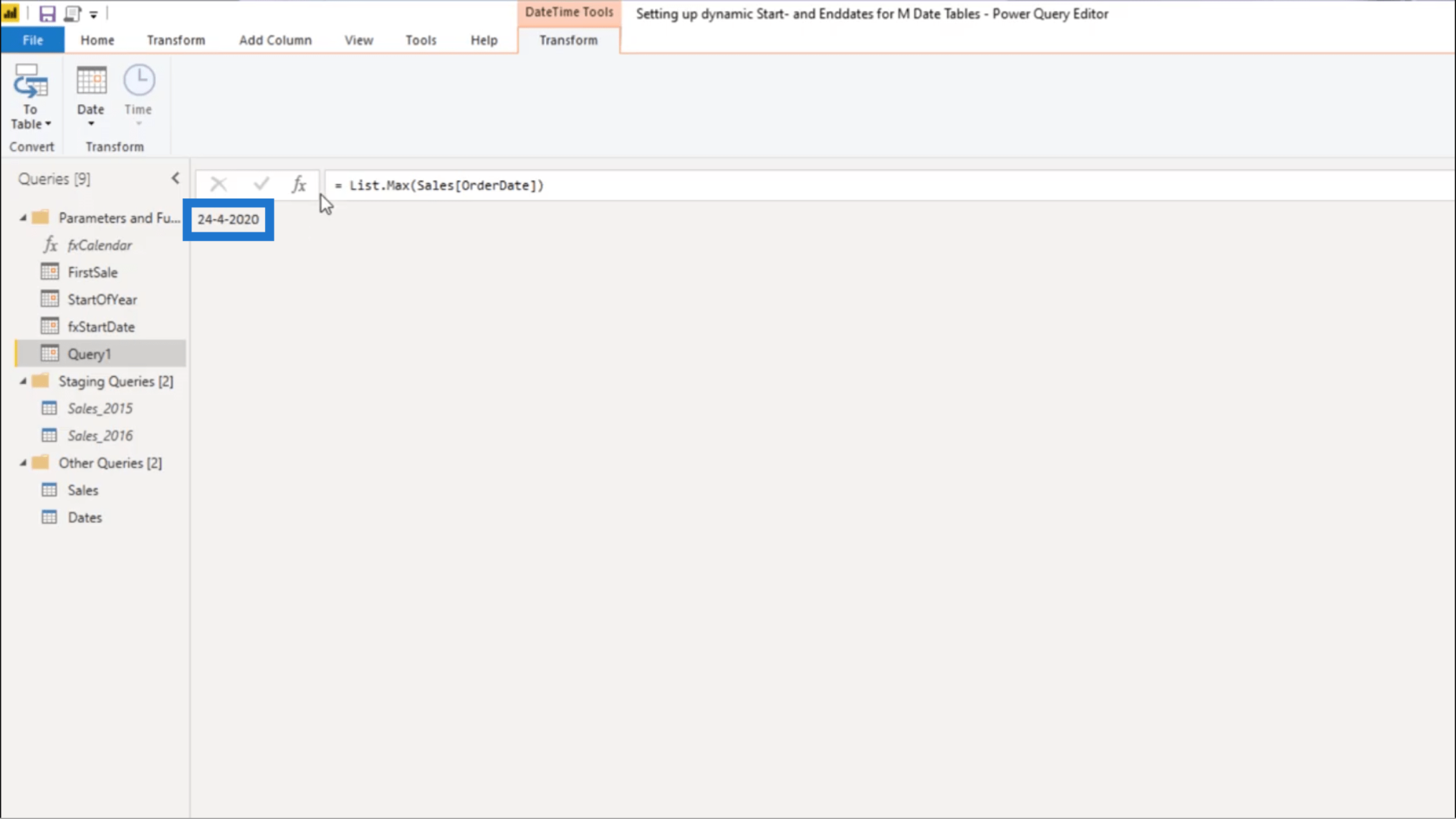 Ställa in ett dynamiskt startdatum och slutdatum för Power Query-datumtabeller