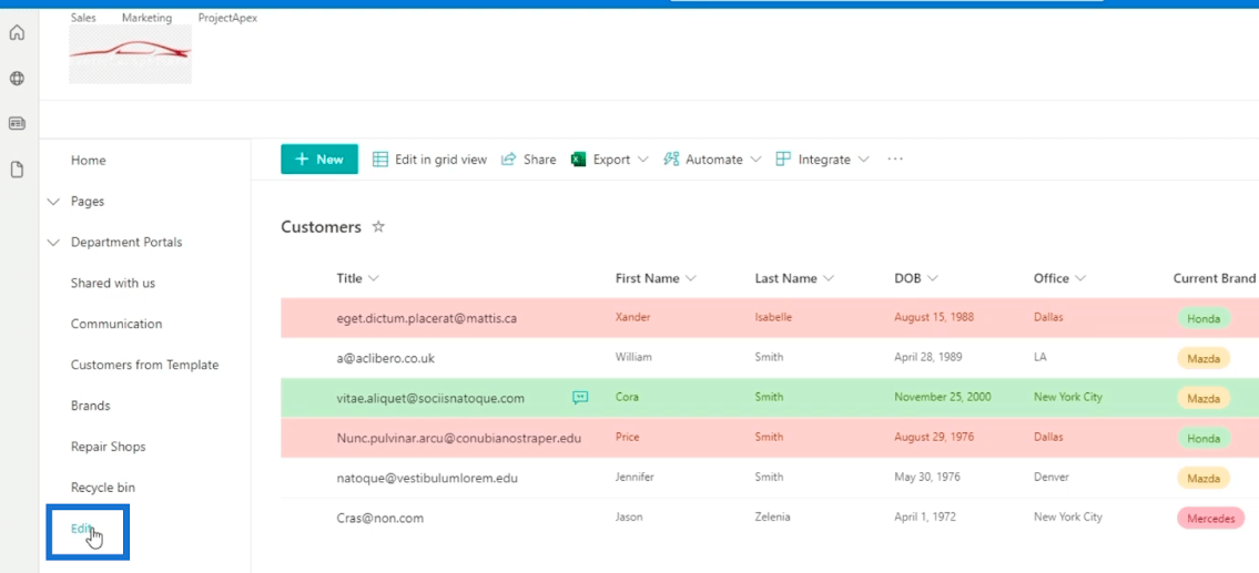 SharePoint-luettelonavigoinnin lisääminen