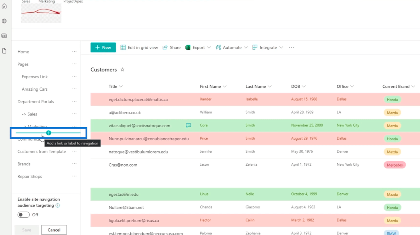 SharePoint listanavigáció hozzáadása