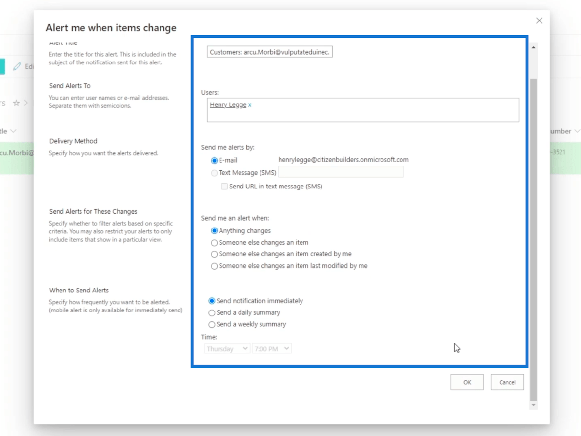 SharePoint-luettelon hälytysten määritys