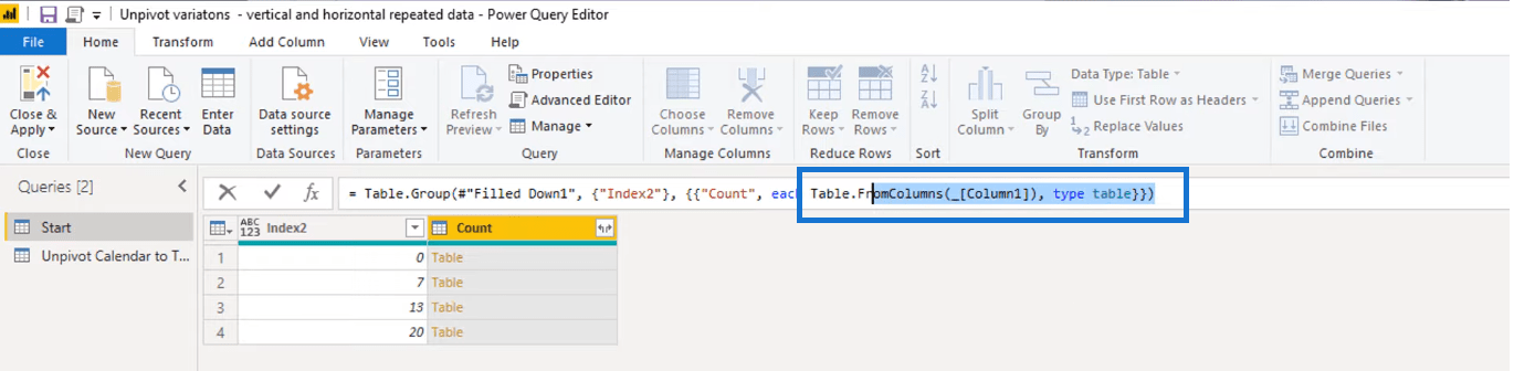 Forvandling af kalendertypelayout til tabelformat i LuckyTemplates ved hjælp af Query Editor