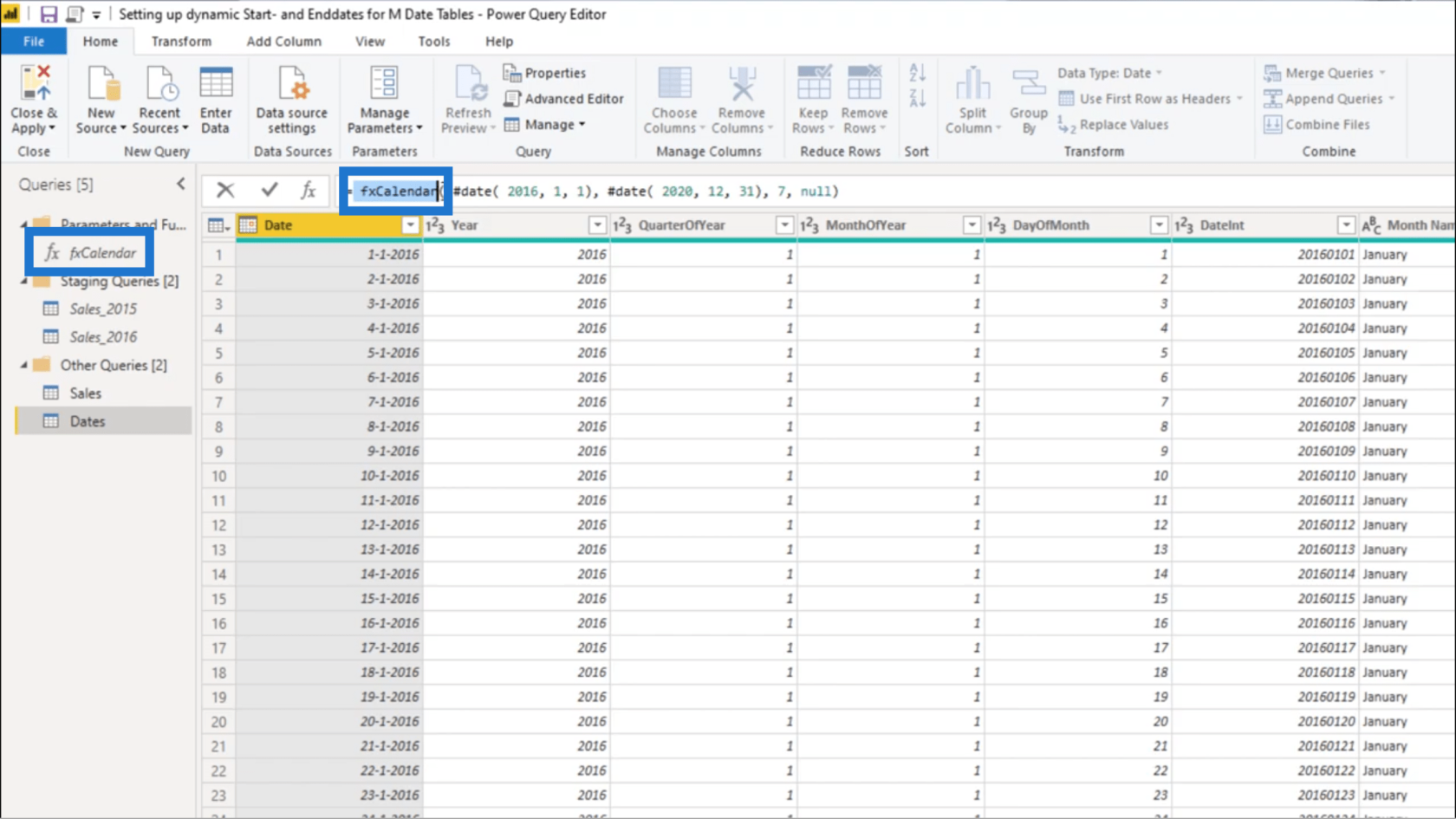 Sette opp en dynamisk startdato og sluttdato for datotabeller for Power Query