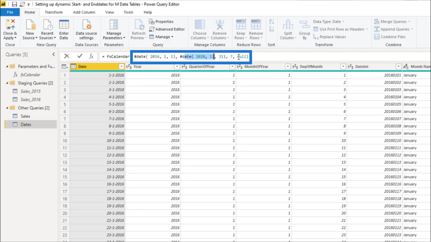 Sette opp en dynamisk startdato og sluttdato for datotabeller for Power Query