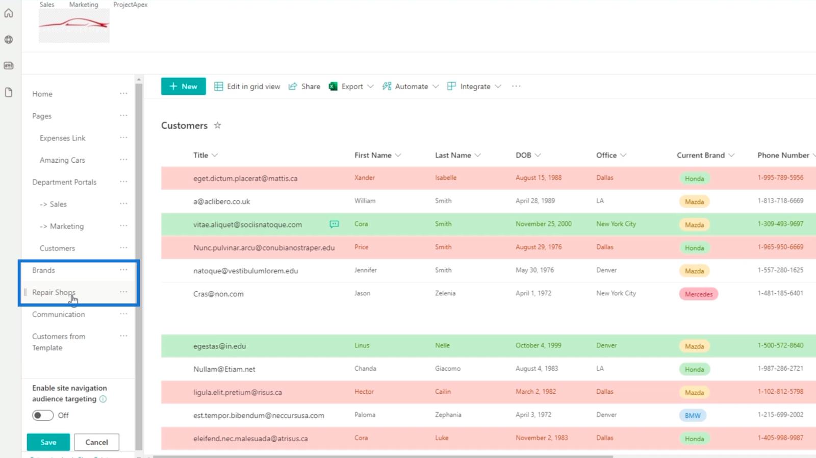 Додавання навігації списком SharePoint