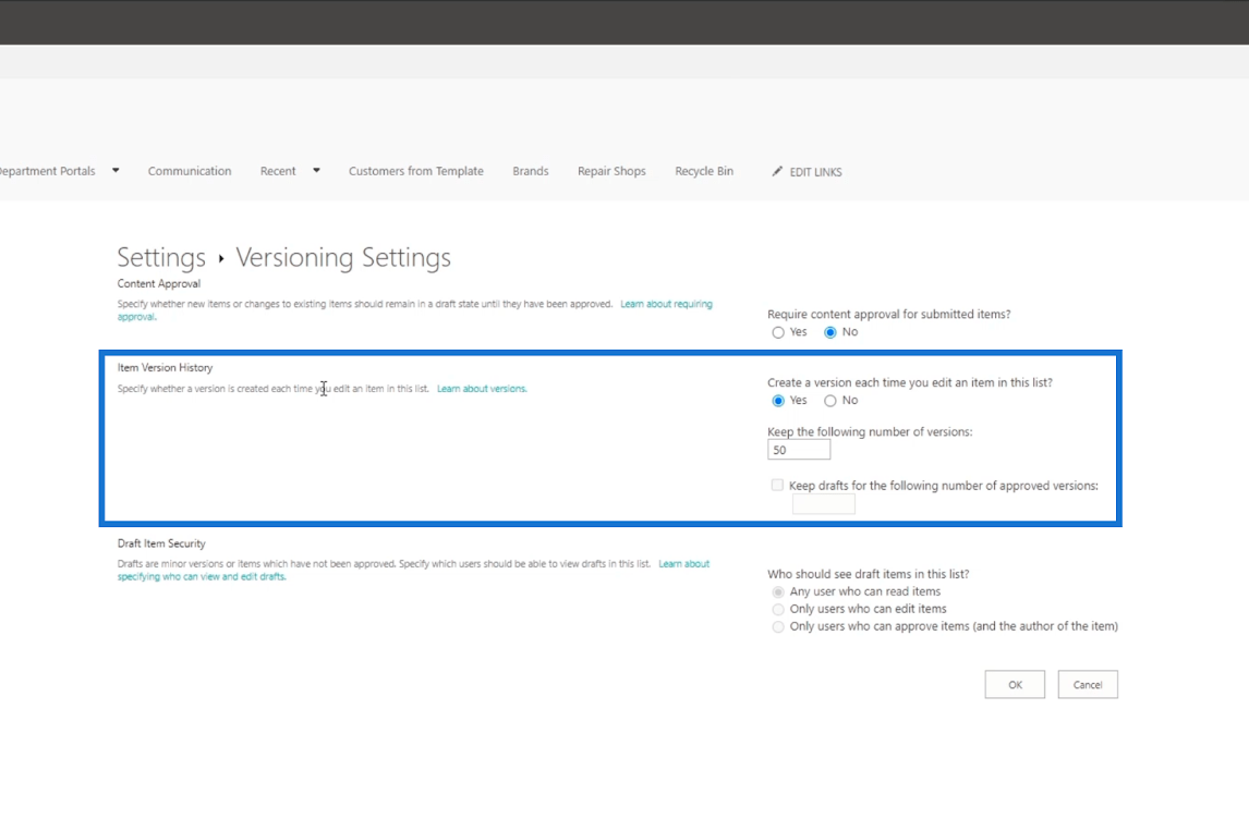 Historie verzí v seznamech SharePoint