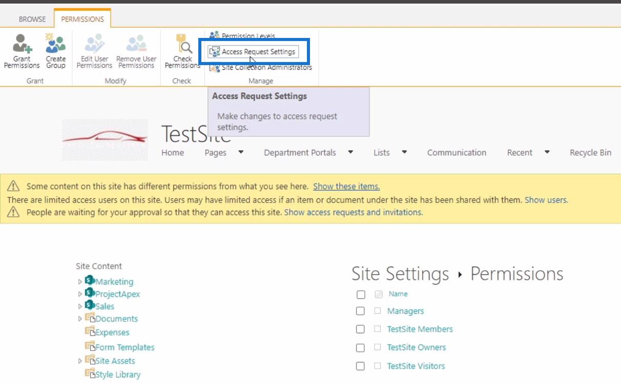 SharePoint webhely-hozzáférési kérelem testreszabása