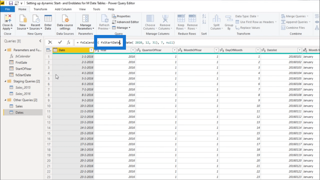 Sette opp en dynamisk startdato og sluttdato for datotabeller for Power Query