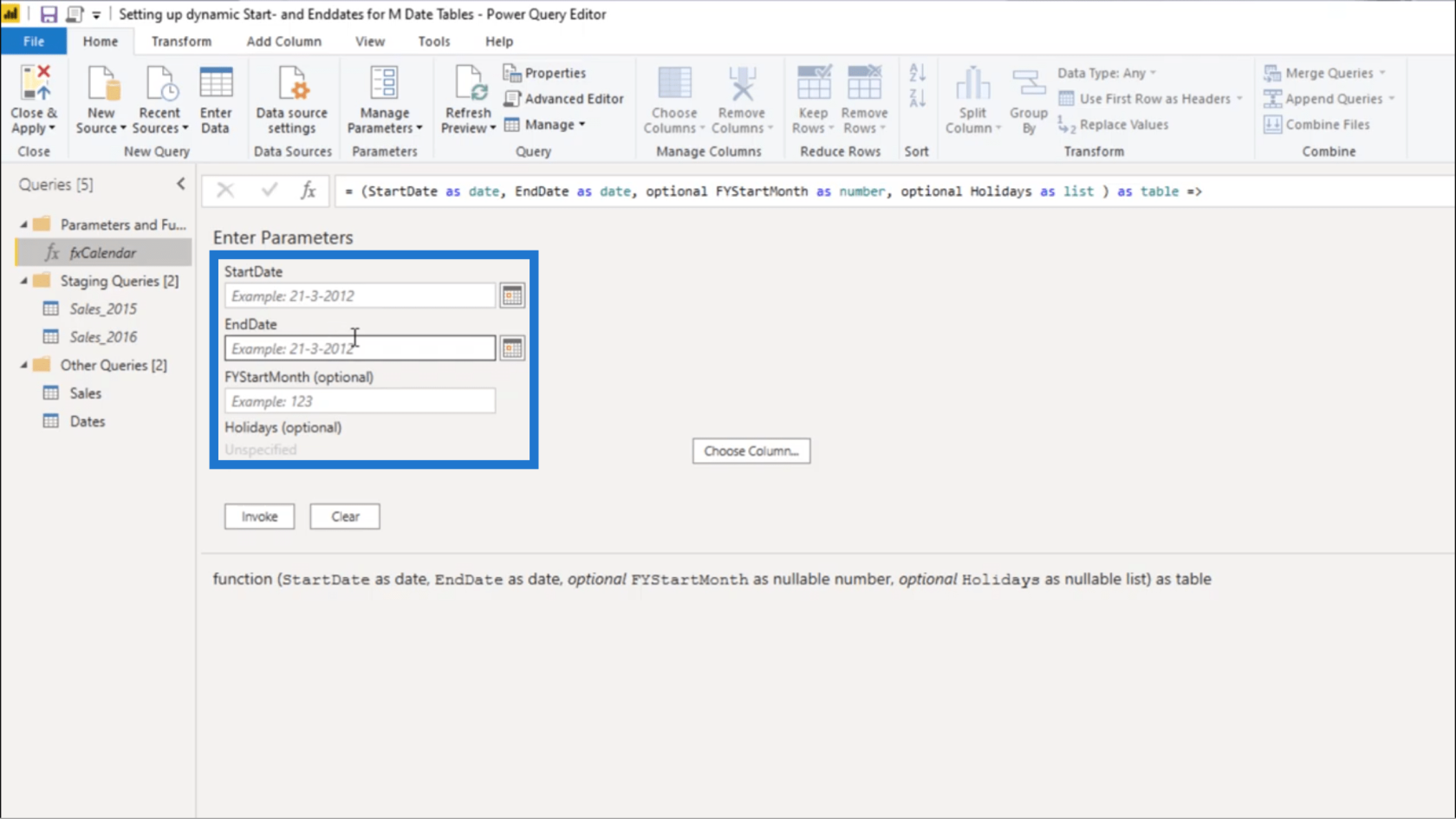 Sette opp en dynamisk startdato og sluttdato for datotabeller for Power Query