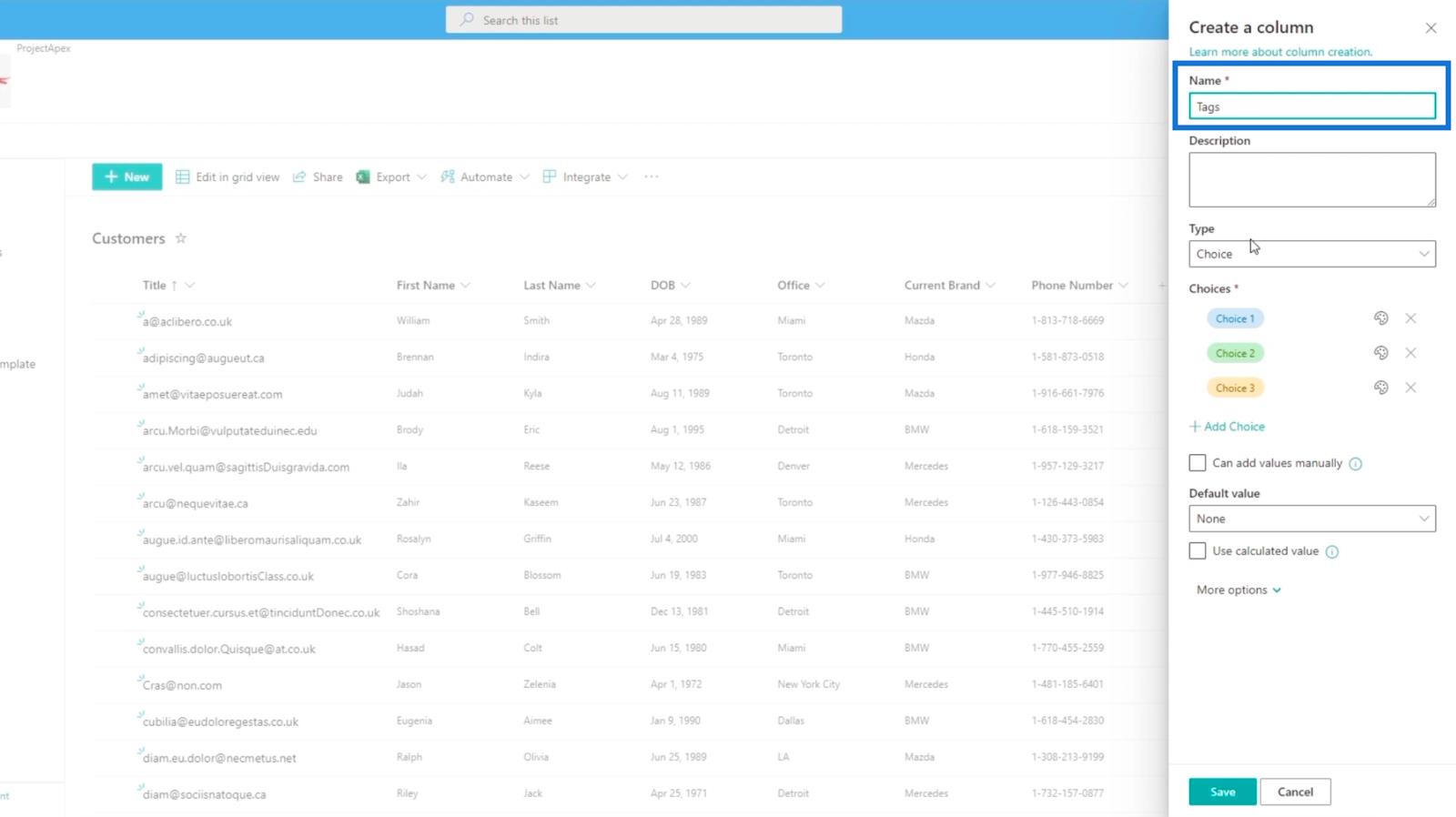 Legger til SharePoint-valgfelt i en liste