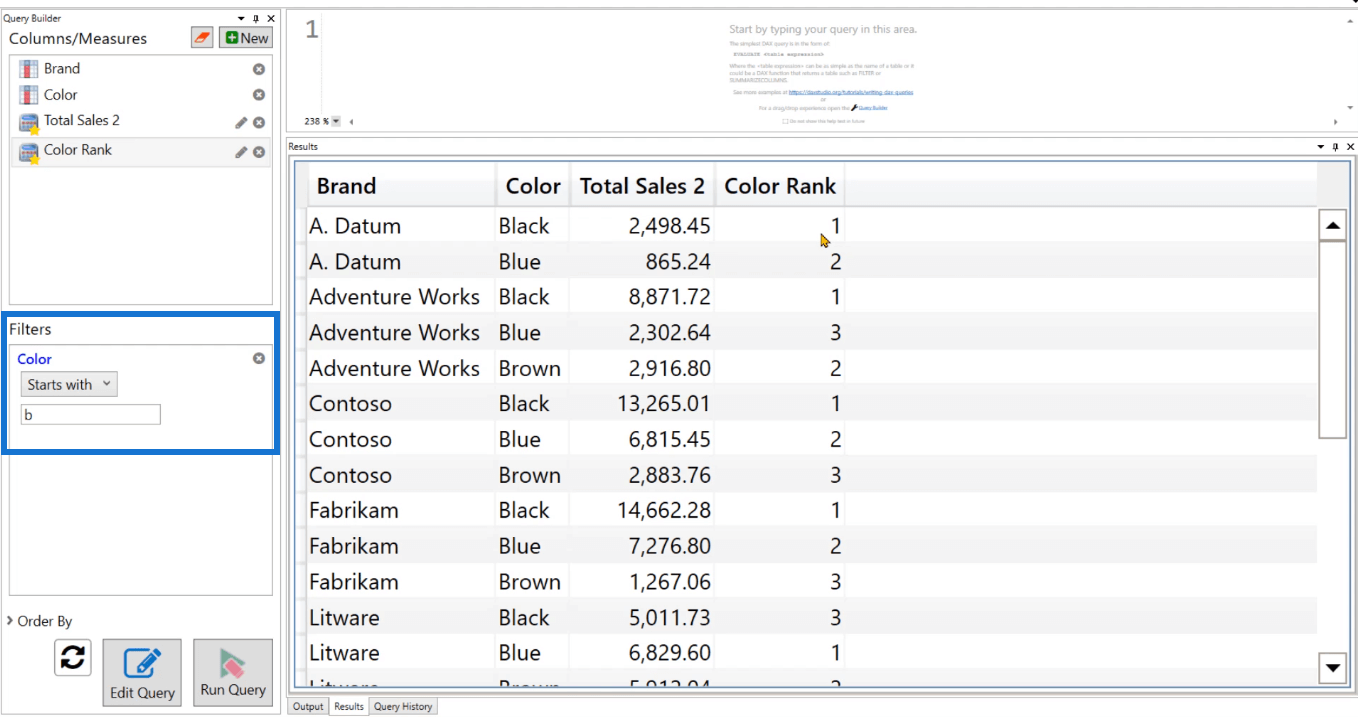 Använda Query Builder-funktionen i DAX Studio