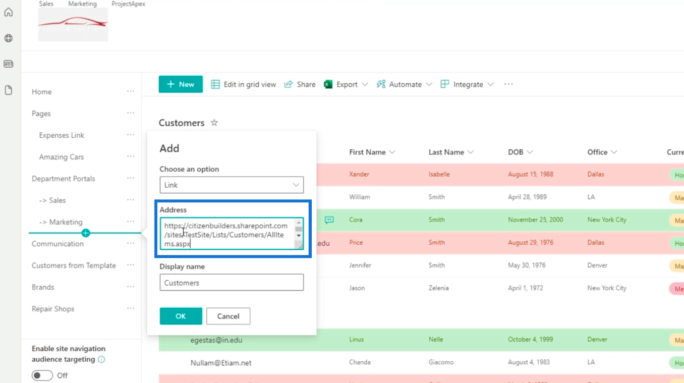 Tilføjelse af SharePoint List Navigation