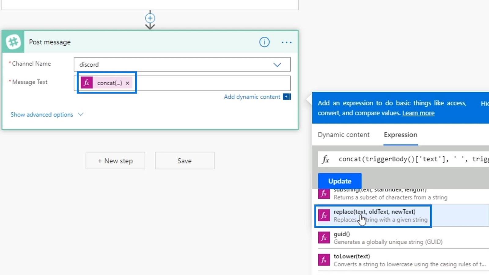 Microsoft Flow String Functions: Concat ja Replace