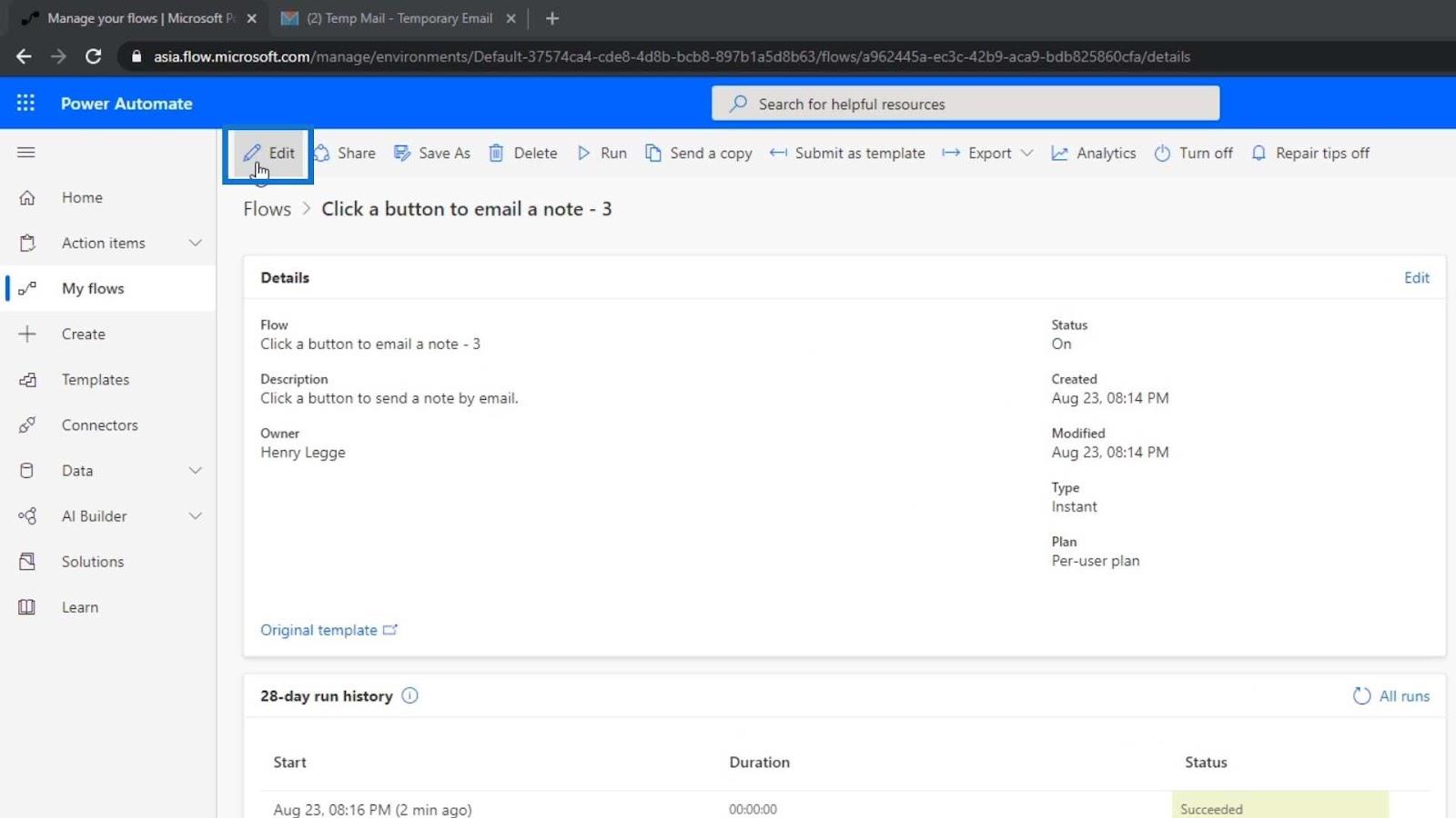 Flowdiagrammer og flowdetaljeside i Power Automate