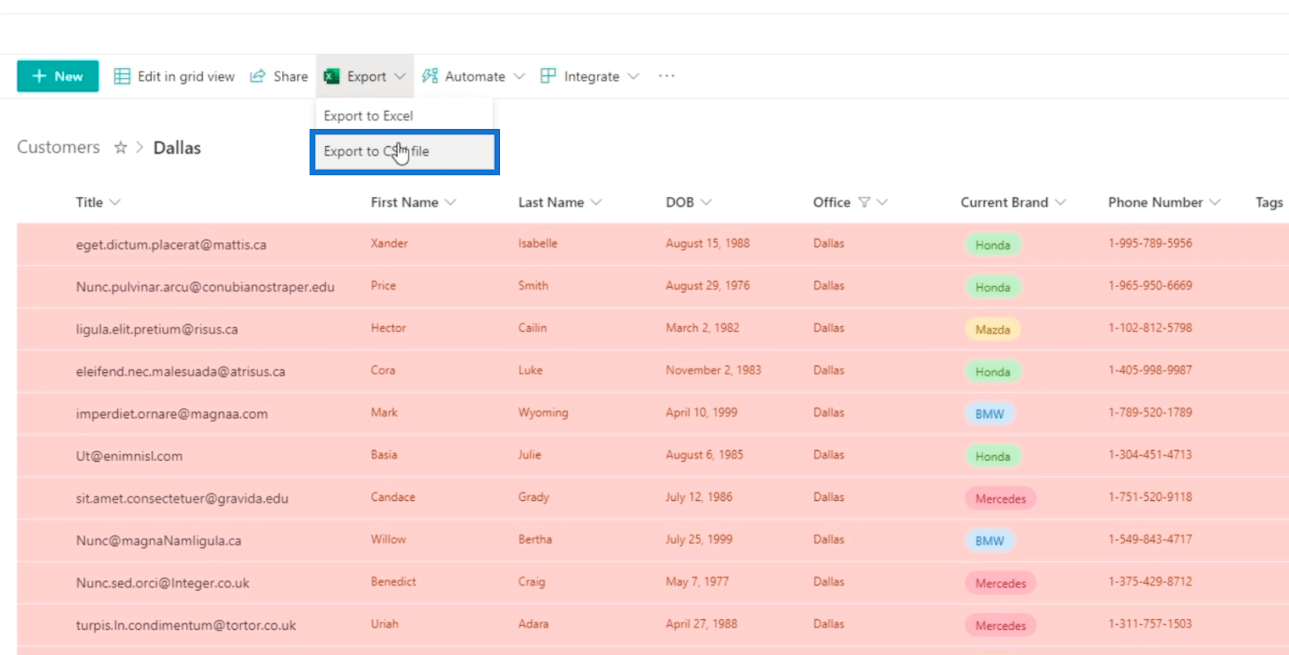 Vie SharePoint-luettelot Excel- tai CSV-tiedostoon