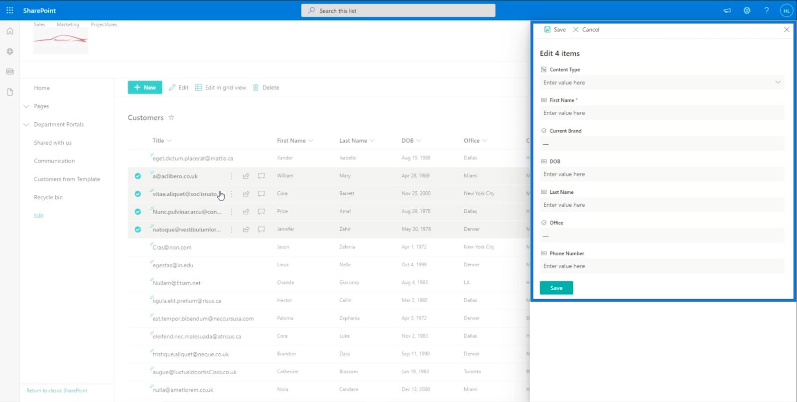 SharePoint-listeelement: Redigering af enkelte og flere elementer