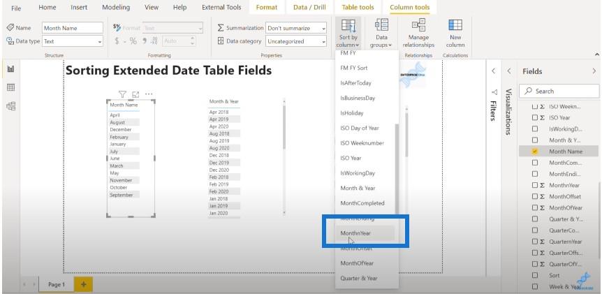 Sortering av datumtabellkolumner i LuckyTemplates