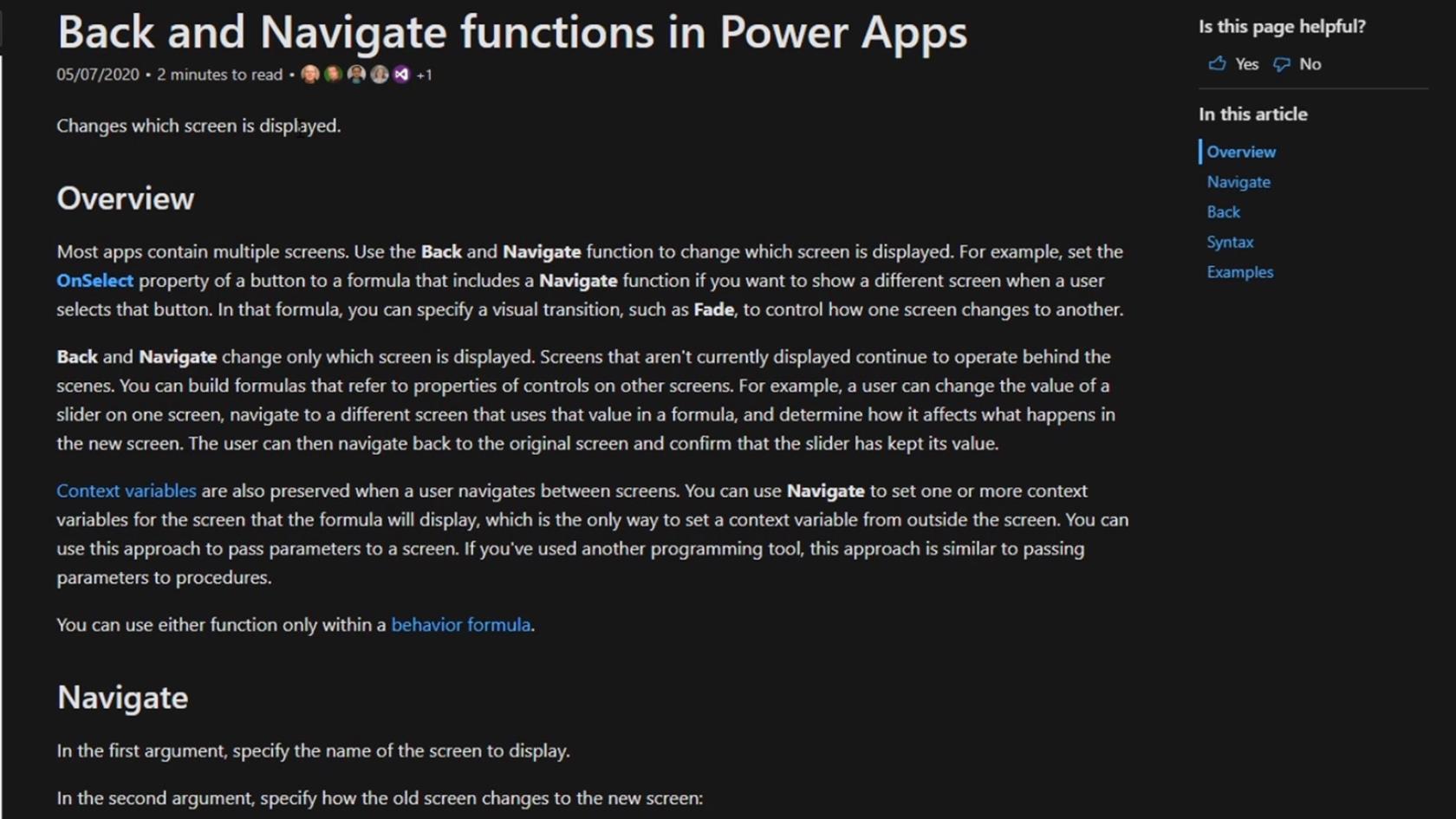 Огляд контексту навігації PowerApps