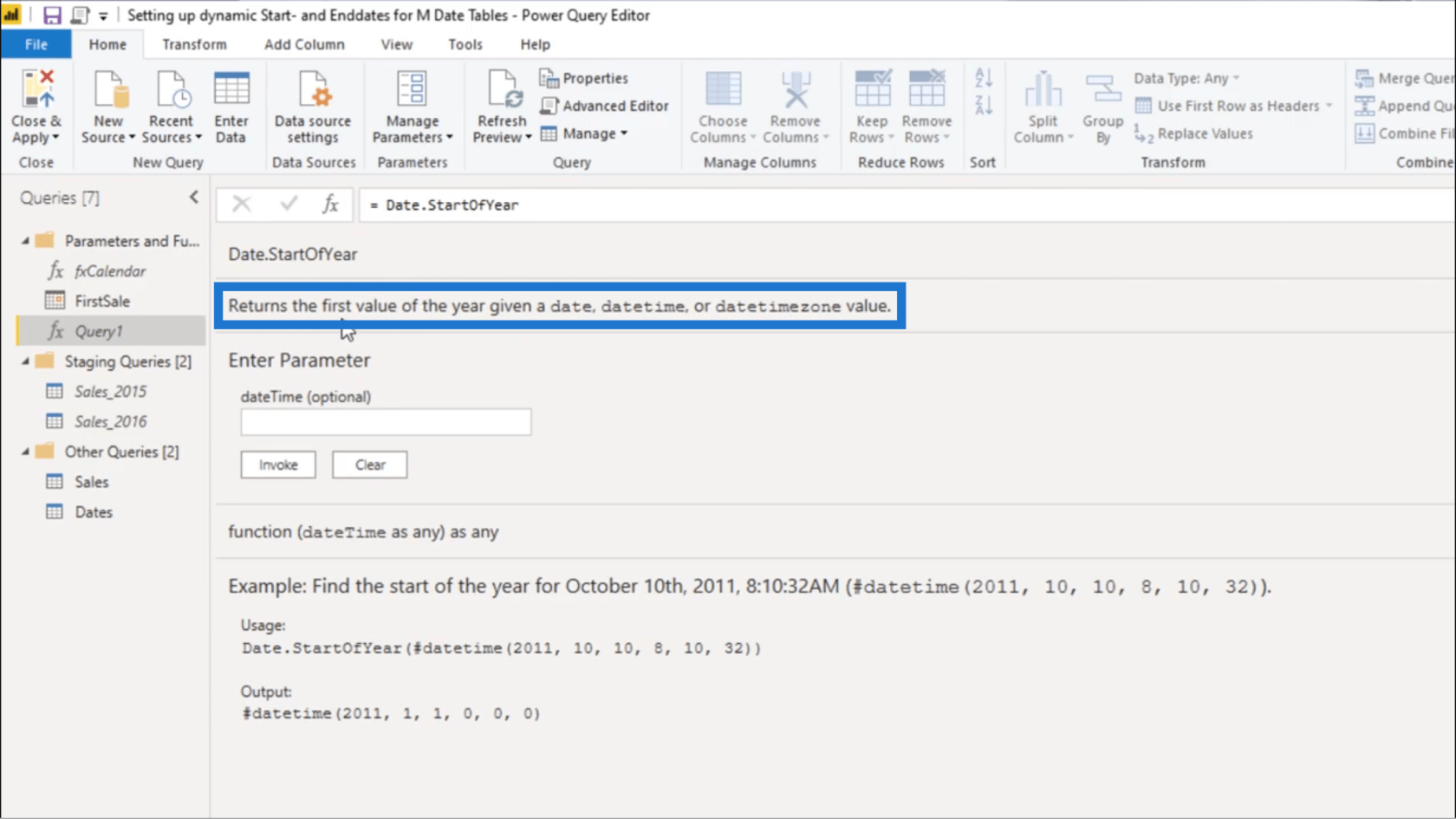 Ställa in ett dynamiskt startdatum och slutdatum för Power Query-datumtabeller