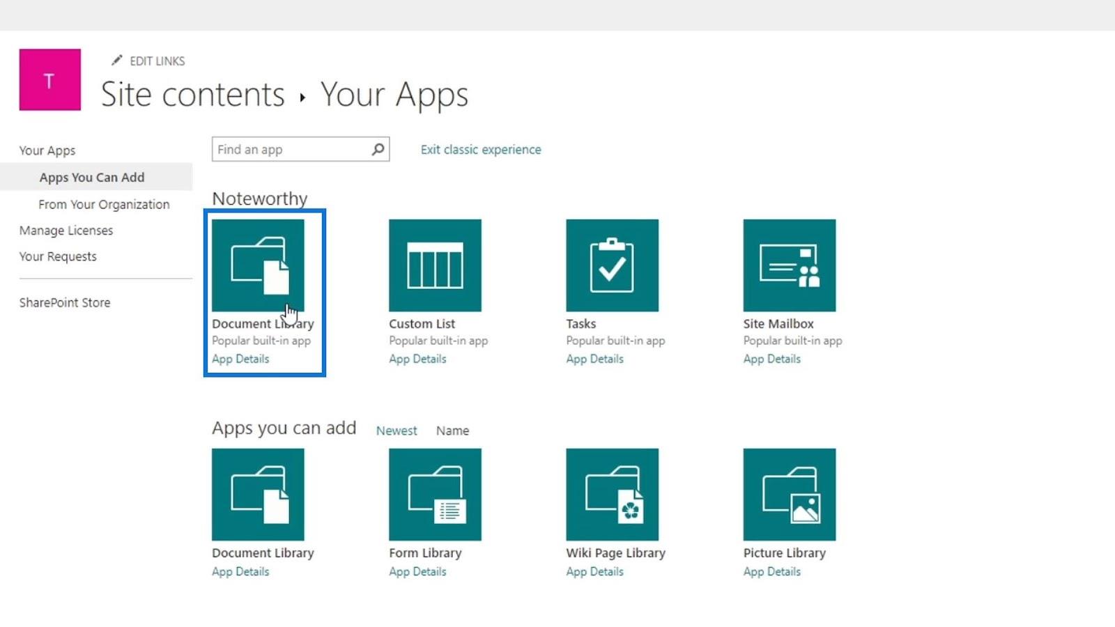 Tilføjelse af dokumentbibliotek i SharePoint