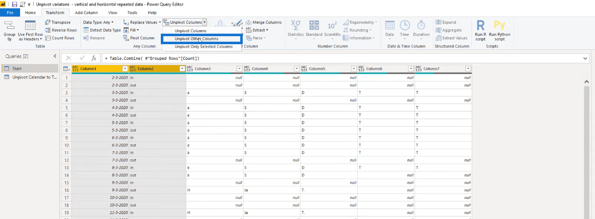 Forvandling af kalendertypelayout til tabelformat i LuckyTemplates ved hjælp af Query Editor