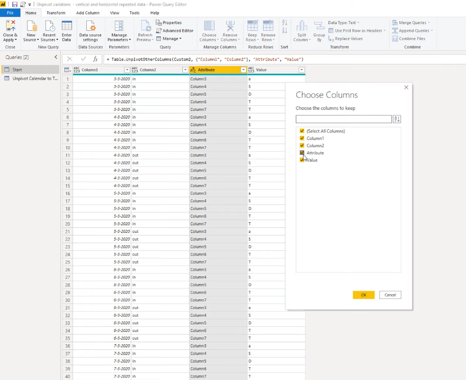 Forvandling af kalendertypelayout til tabelformat i LuckyTemplates ved hjælp af Query Editor