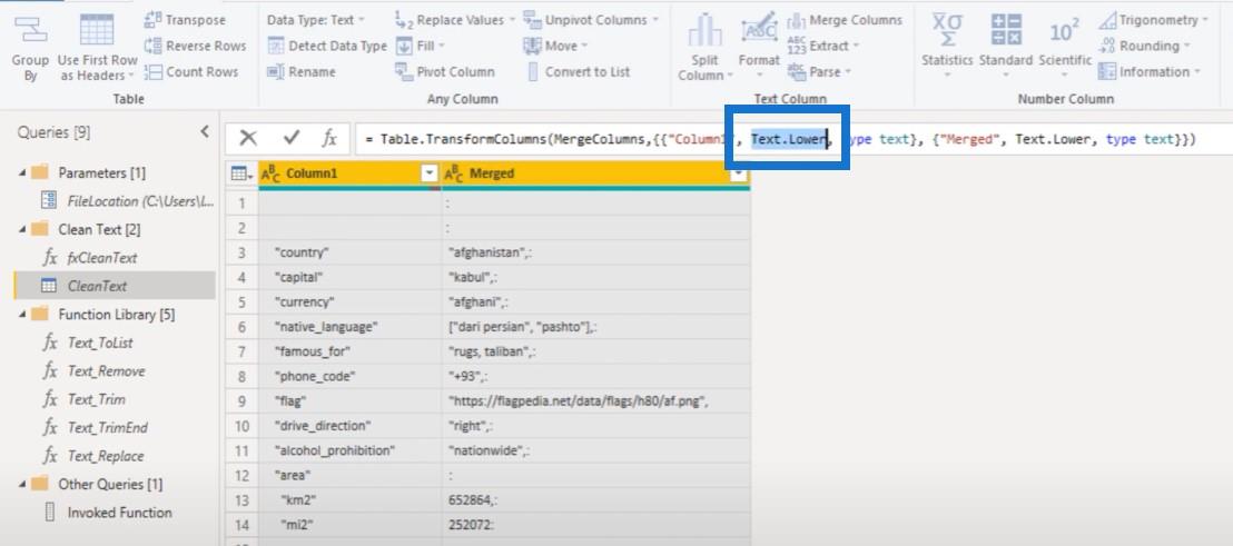 Vytvoření vlastní funkce čištění textu v Power Query