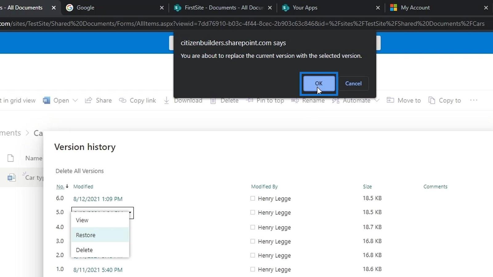 Versiointi SharePoint Document Libraryssa