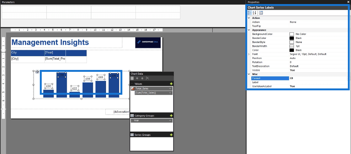 Sådan formateres et SSRS Report Builder-datasøjlediagram