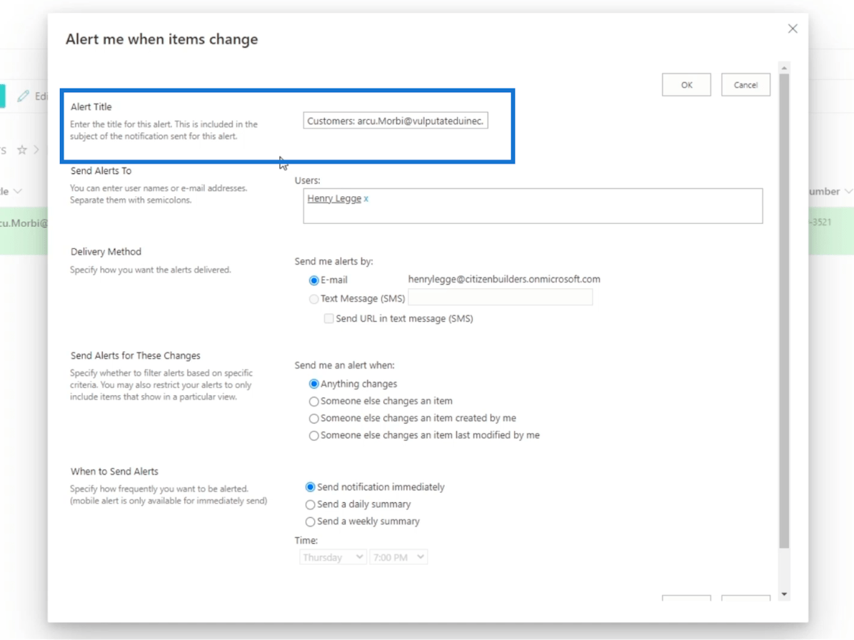 SharePoint-luettelon hälytysten määritys