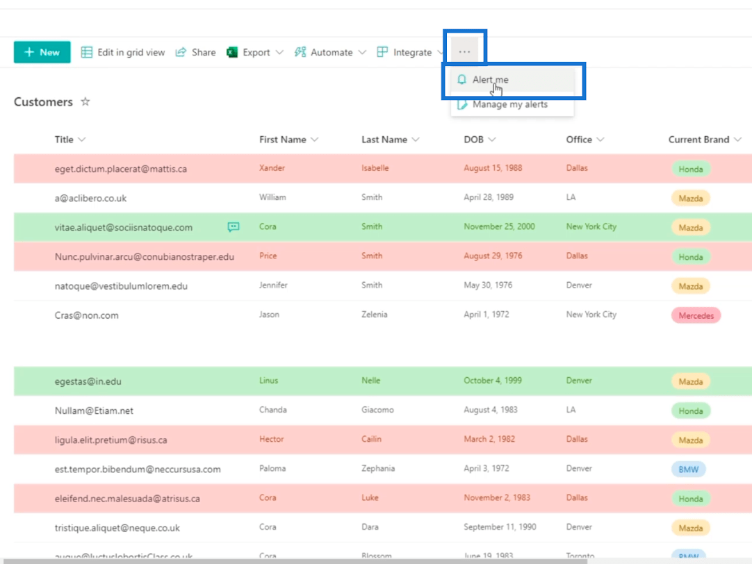 SharePoint-luettelon hälytysten määritys