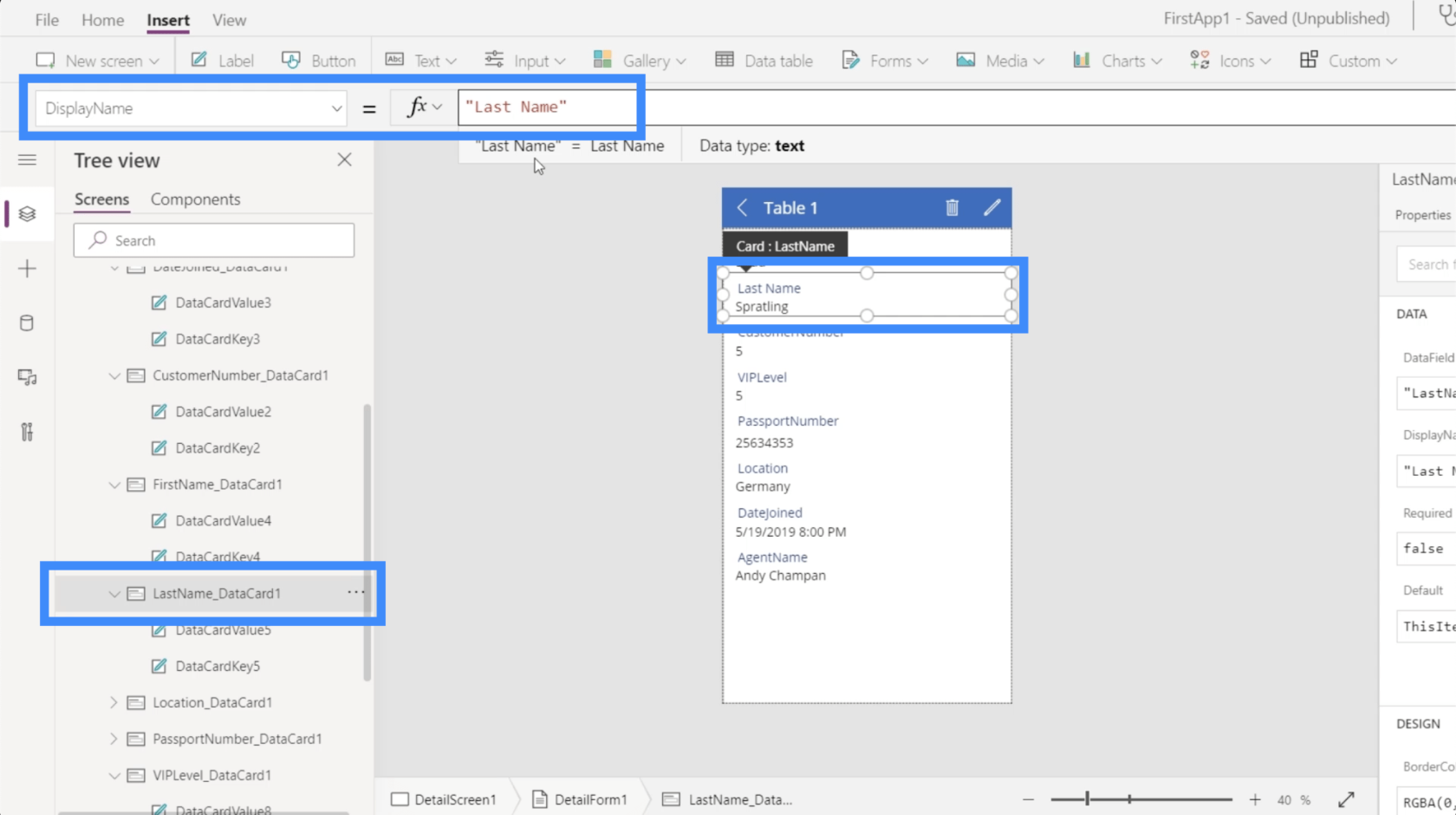 Power Apps-skjemaer og datakort i detaljskjermen