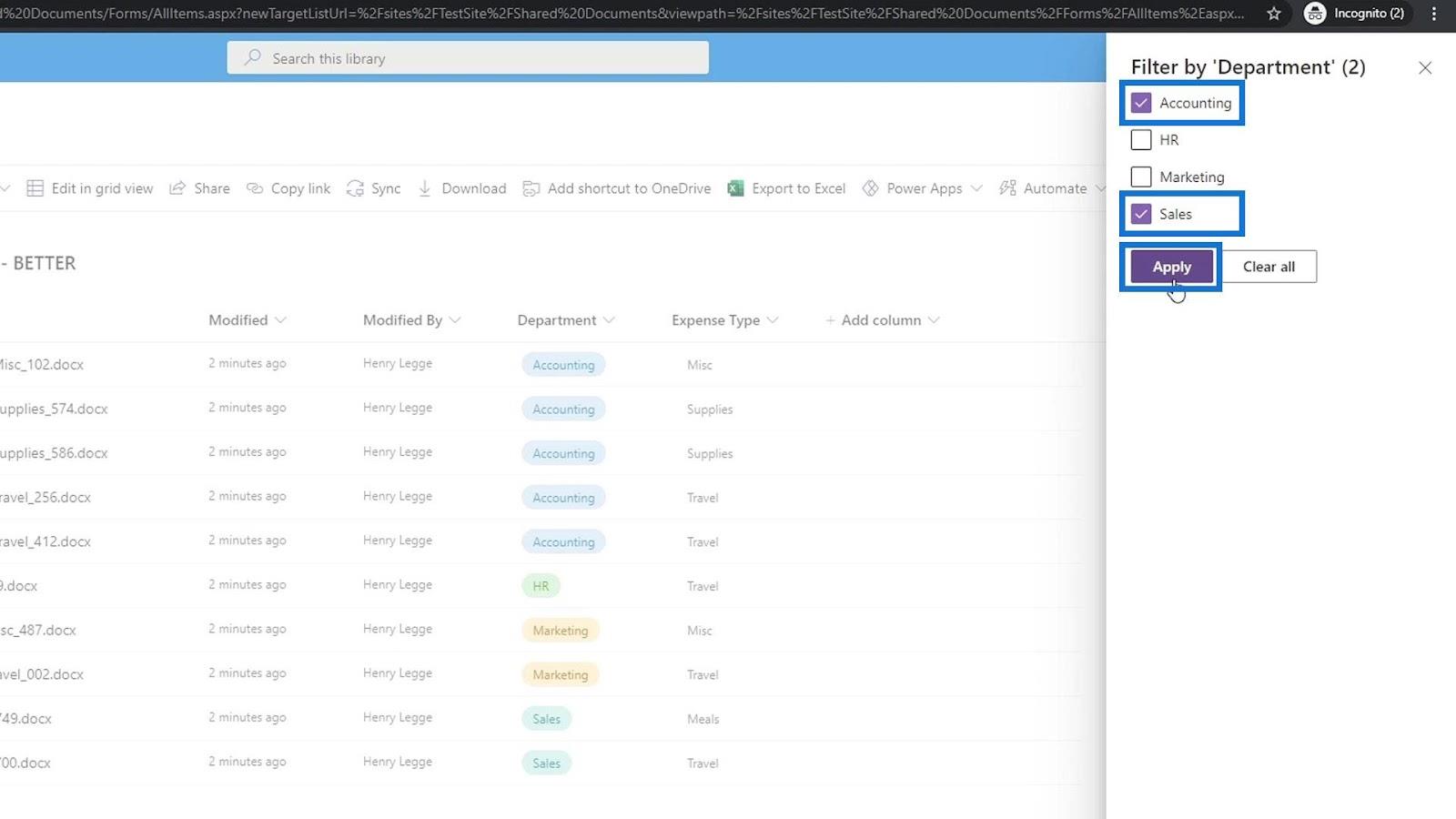 Metatietojen suodatus SharePoint-tiedostoissa