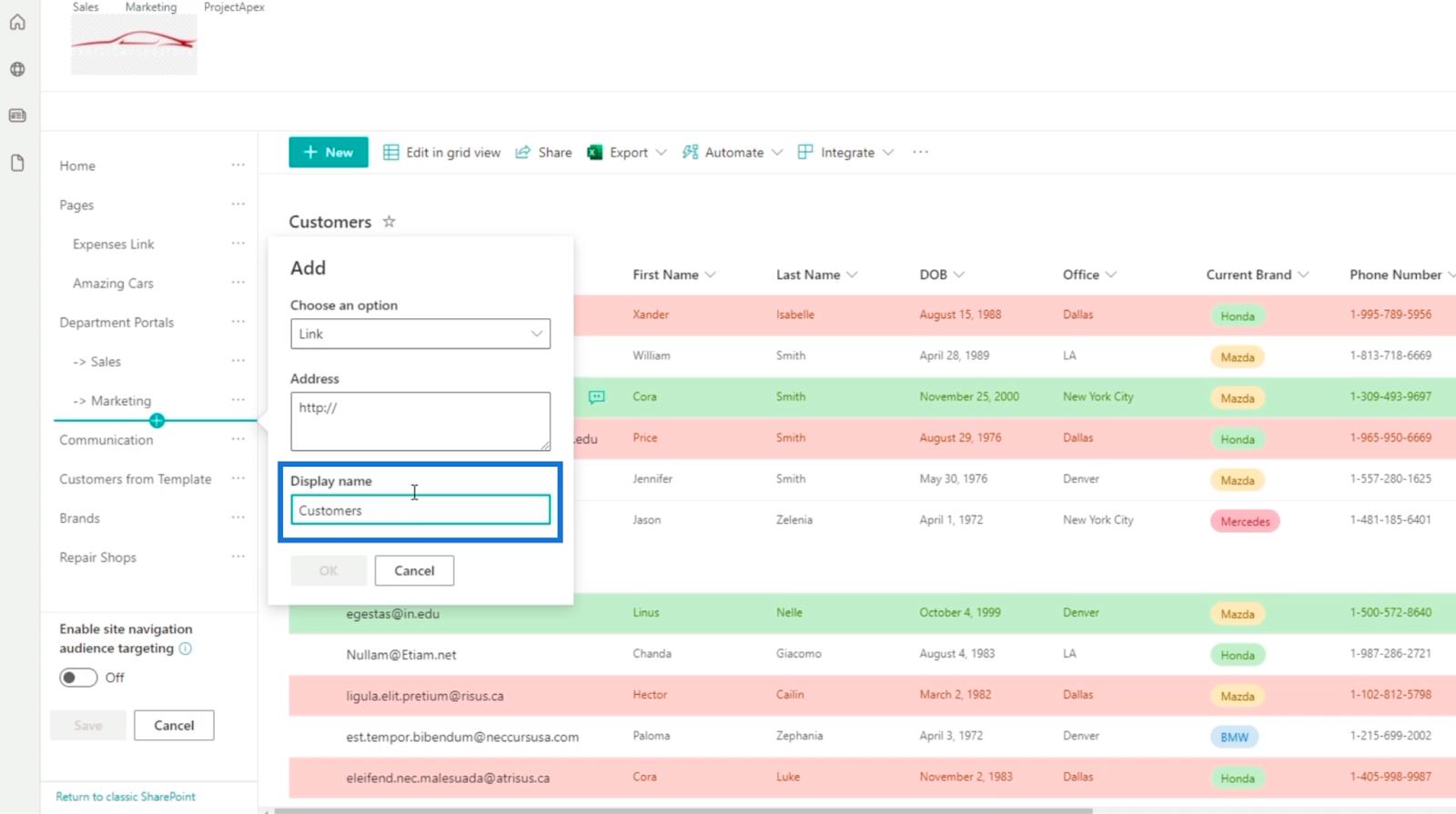 Додавання навігації списком SharePoint