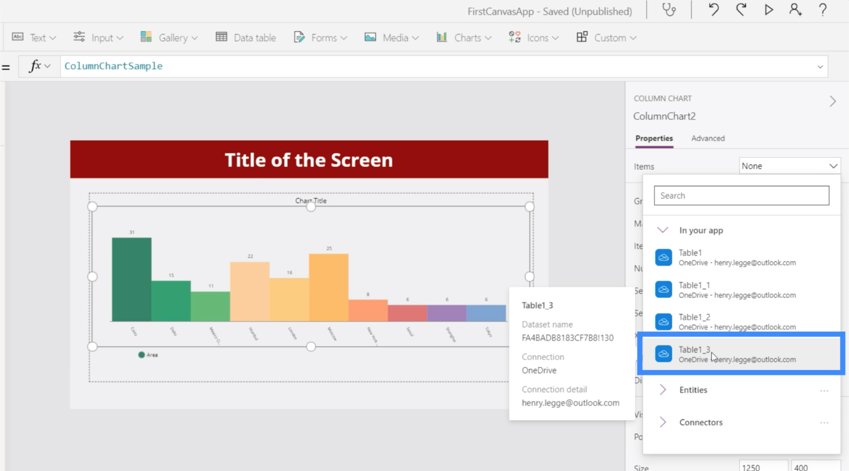 PowerApps-diagrammer, grafer og dynamiske bilder