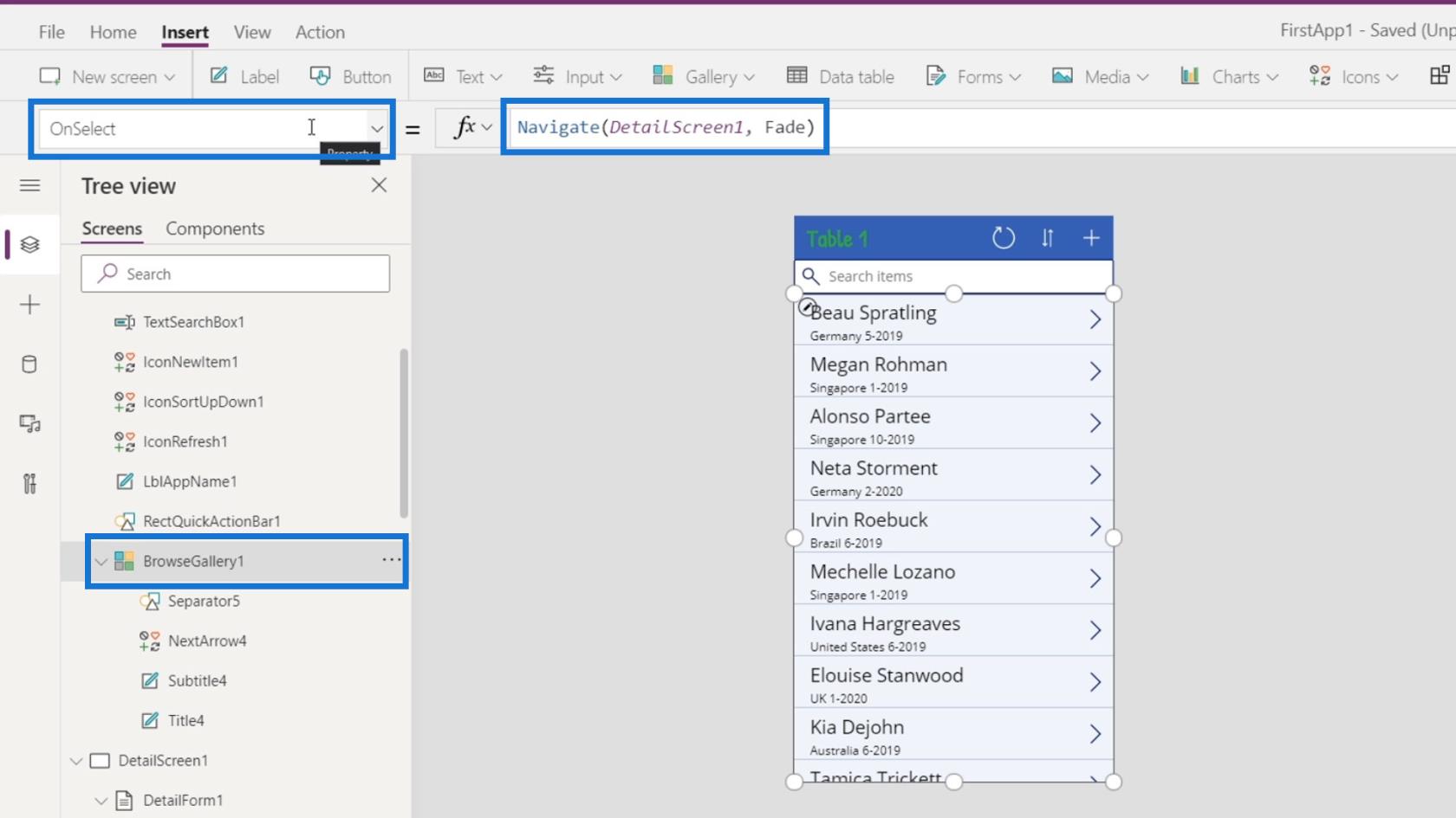 Přehled kontextu navigace PowerApps