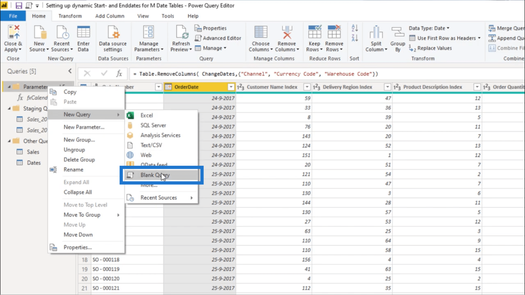 Nastavenie dynamického počiatočného a koncového dátumu pre tabuľky dátumov Power Query