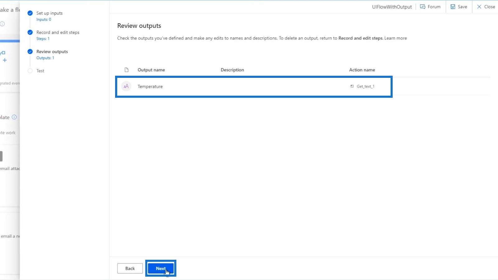 UI Flow kimenetek a Power Automate-ban