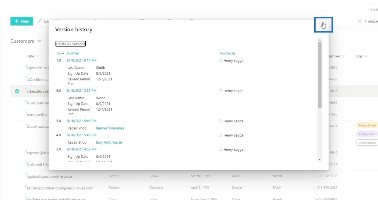 Versjonshistorikk i SharePoint-lister