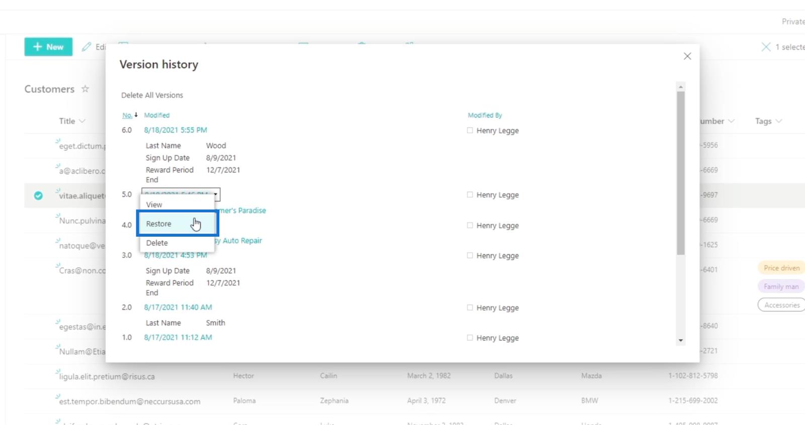 Versjonshistorikk i SharePoint-lister