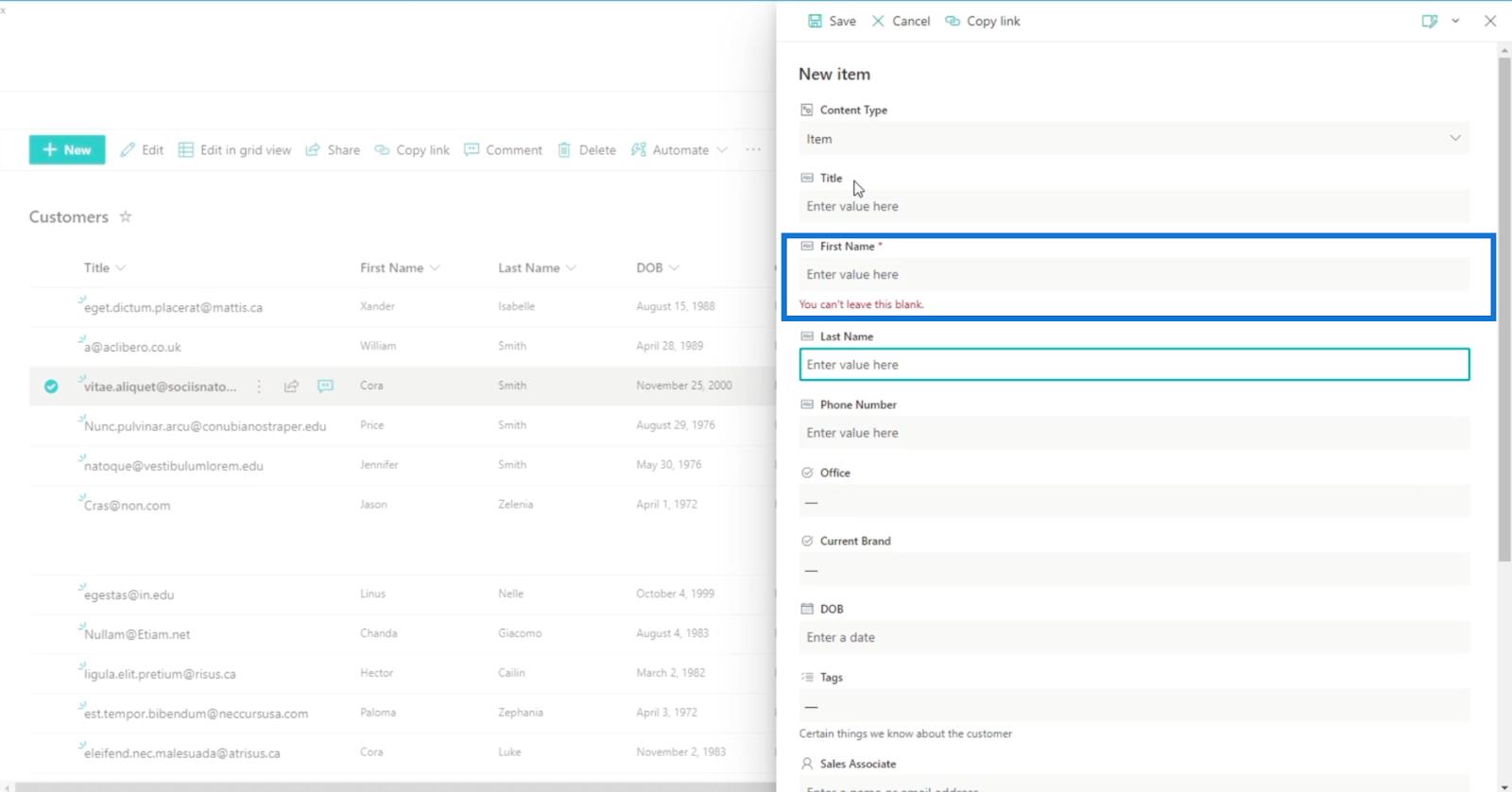 SharePoint-sarakkeen validointi kahdella tavalla