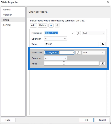 Paginerade rapporter: Sortera och filtrera ett stapeldiagram