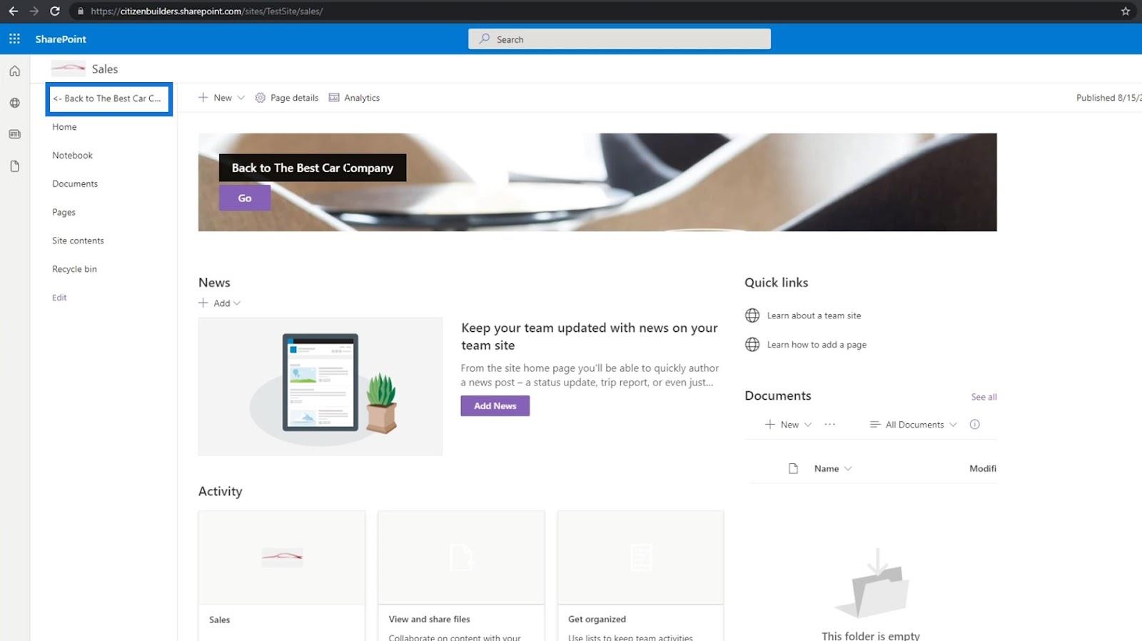 Prvky navigace na webu SharePoint: Přehled