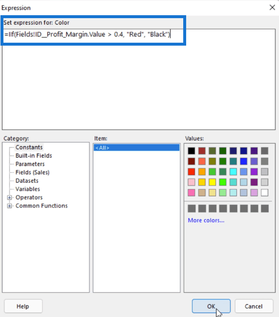 Expression Builder: Anvendelse af betinget formatering på sideinddelte rapporter