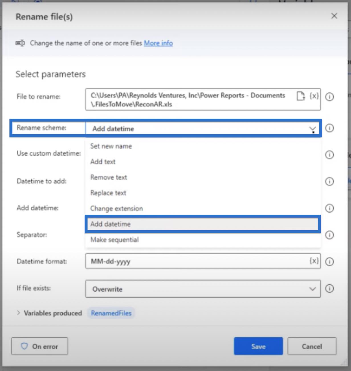 Lägg till datum till filnamn i Power Automate Desktop