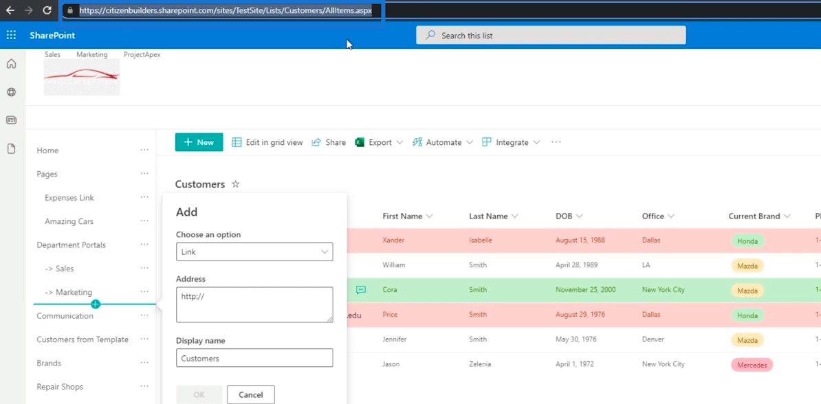 SharePoint-luettelonavigoinnin lisääminen