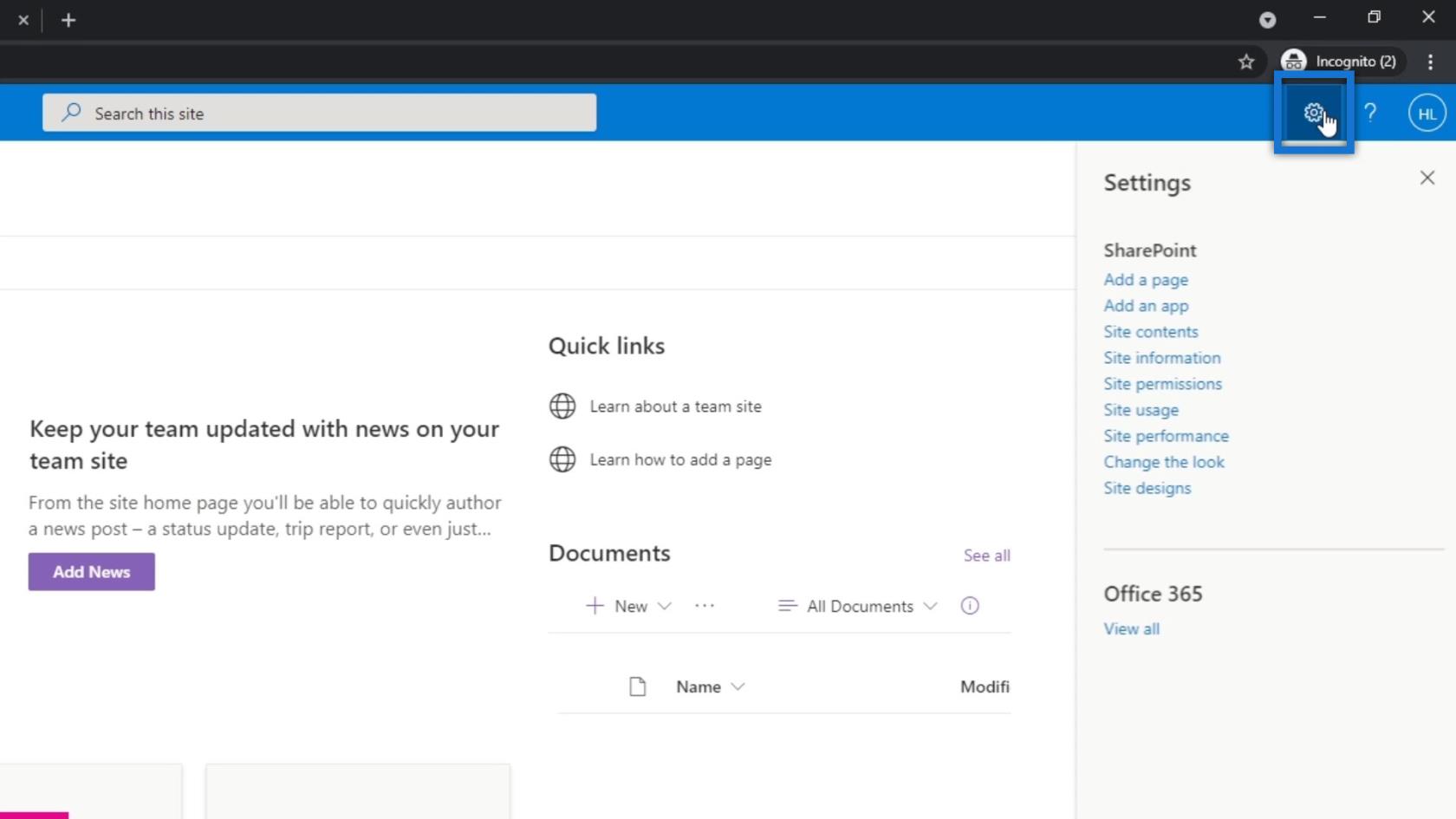 SharePoint webhely |  Elrendezés és menü áttekintése