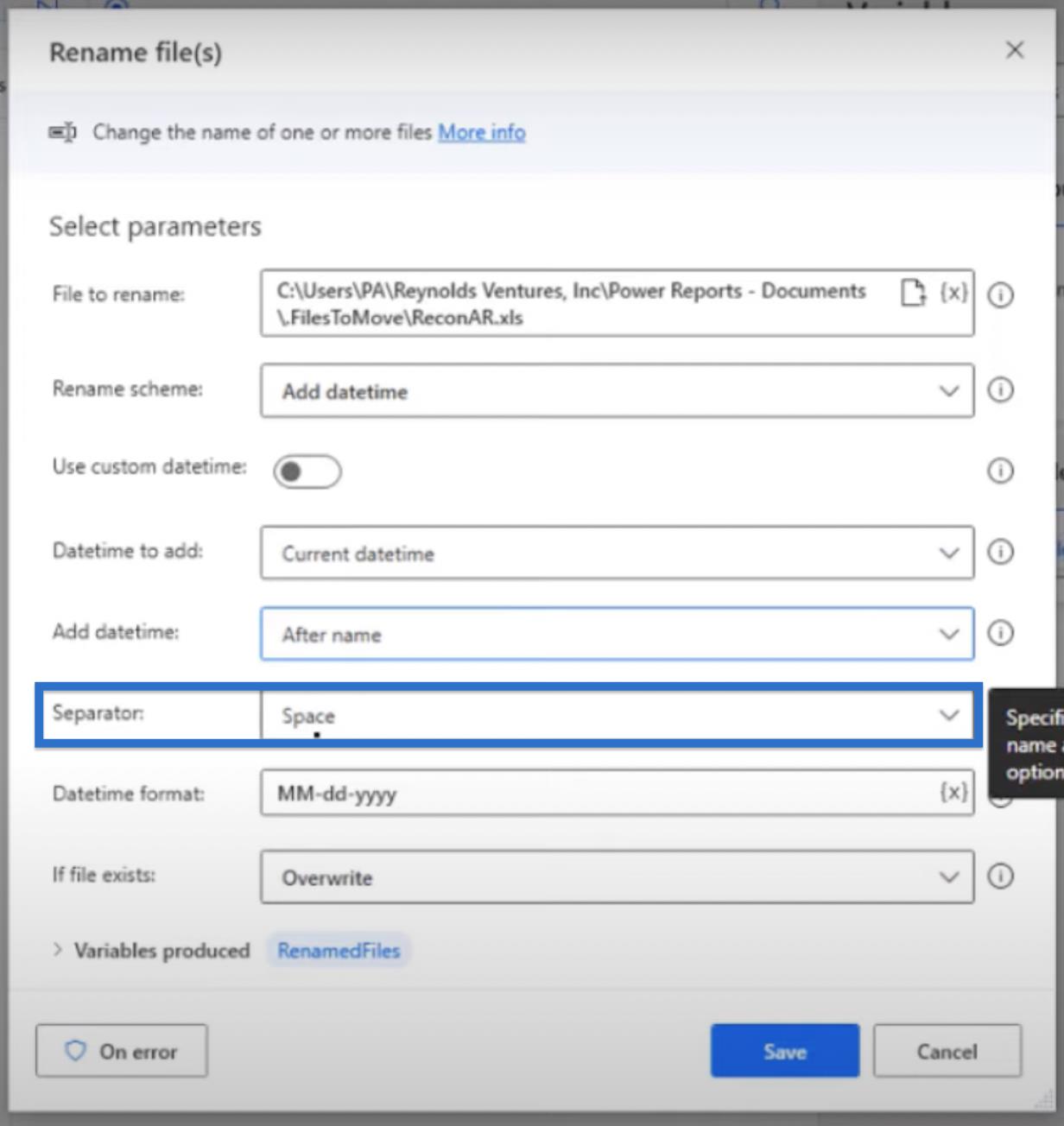 Lägg till datum till filnamn i Power Automate Desktop